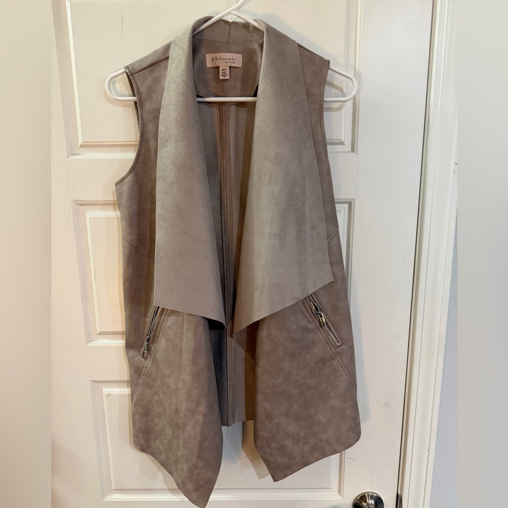 Philosophy Taupe Colored Faux Suede Draped Open-Front Vest EUC